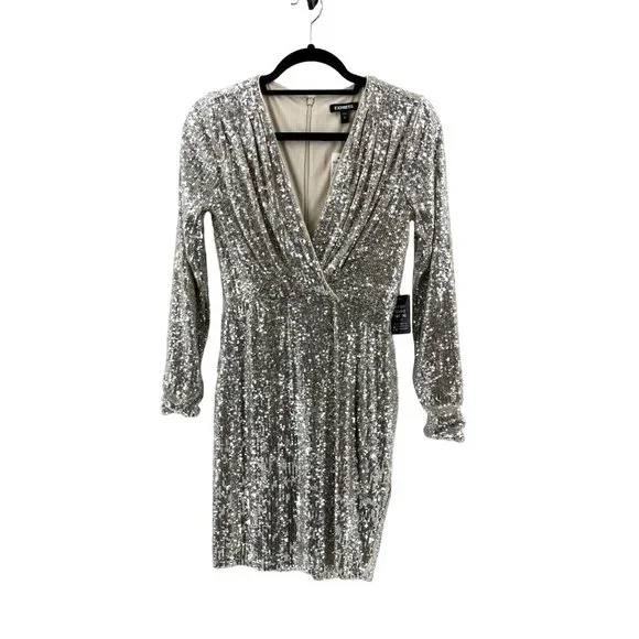 NWT Express Women's Long Sleeve Silver Sequin V Neck Cocktail Party Dress XS - Picture 1 of 15